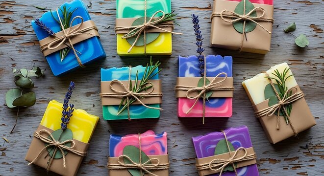 Artisanal soaps wrapped with natural materials and fresh herbs on a wooden surface