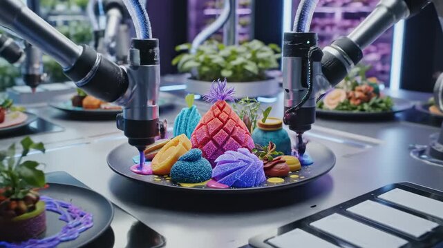 Automated vertical farm with robotic arms tending to plants and preparing food, showcasing futuristic agriculture and technology, food production, innovation, and sustainable farming