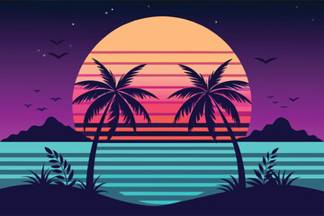 Retro sunset with palm trees and ocean synthwave vaporwave tropical vacation © Ferewa