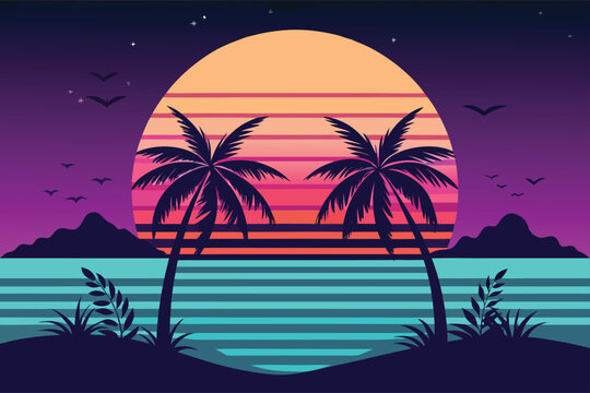 Retro sunset with palm trees and ocean synthwave vaporwave tropical vacation