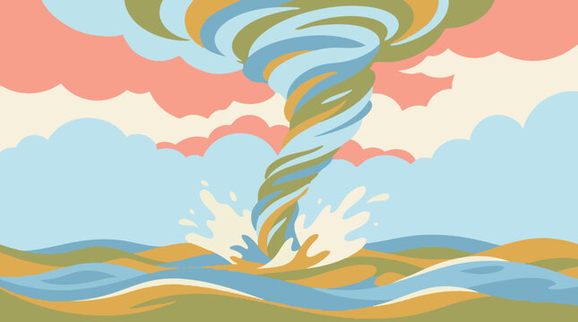 Abstract Colorful Waterspout Illustration Over Wavy Sea with Clouds