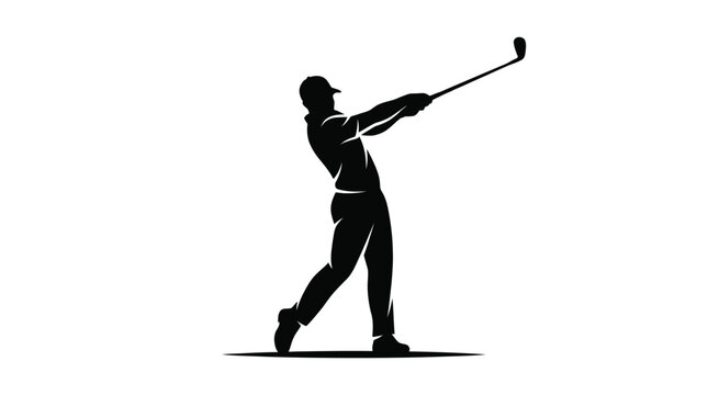 Professional golfer swinging a club during a powerful shot in this clean black vector illustration design