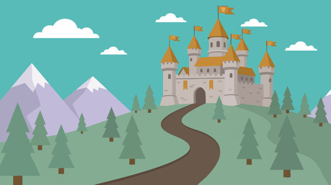 Fantasy castle on a hill with mountains, trees, and path in flat design