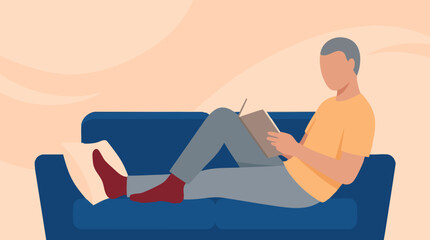 Obraz premium Person relaxing on a blue sofa and reading a book, flat vector illustration