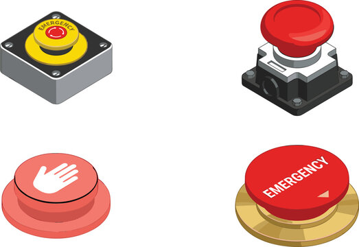 Isometric Emergency Stop Button Icon Set with Red and Yellow Industrial Push Switches, Alarm Triggers, and Safety Control Elements for Equipment