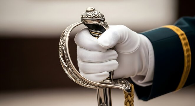 Close-up of a soldier in white gloves holding an ornate officer sword
