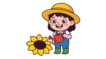 Obraz premium Little girl watering a sunflower.