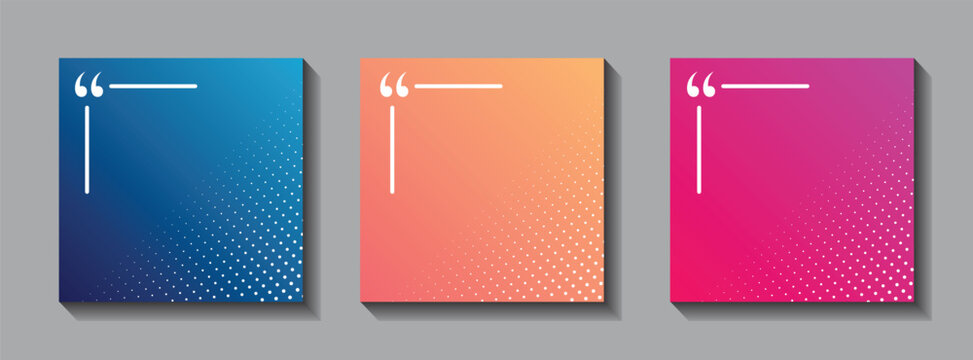 Modern quote template card collection with colorful gradient backgrounds and clean speech bubble layout elements. Creative testimonial mockups for social media branding, presentations and digital 