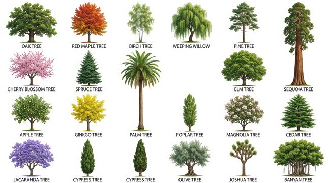 Collection of 23 diverse tree species with labels, botanical tree set on white background, various green and colorful deciduous and evergreen trees
