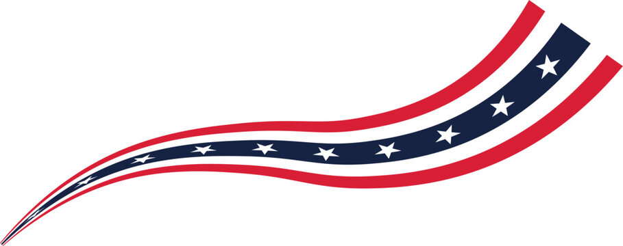 Patriotic USA swoosh ribbon with waving star stripe design and dynamic American flag colors. Creative national banner element for holiday branding, election graphics and festive celebration design pro