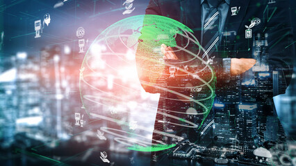 A businessman stands confidently in front of a modern cityscape, overlaid with a green digital globe, symbolizing advancements in global finance and technological innovation. Xenic © InfiniteFlow