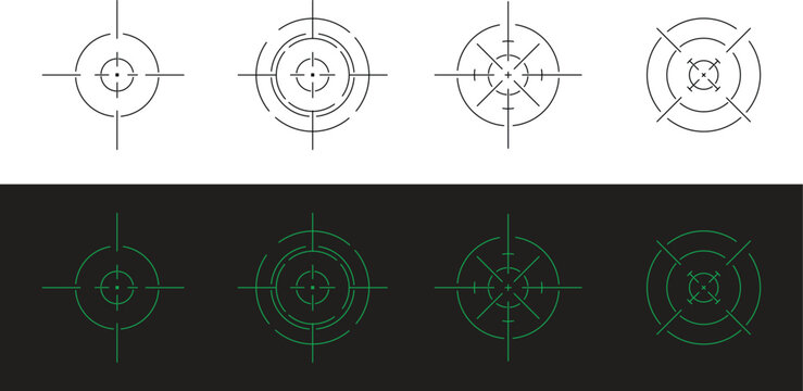 Abstract target crosshair icon collection with futuristic aiming symbols and modern radar interface elements. Creative scope graphics for gaming dashboards, military displays and digital technology 