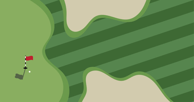Minimal golf course landscape illustration with green fairway shapes and clean top view terrain design. Modern sports background for tournament branding, recreation graphics and creative outdoor 