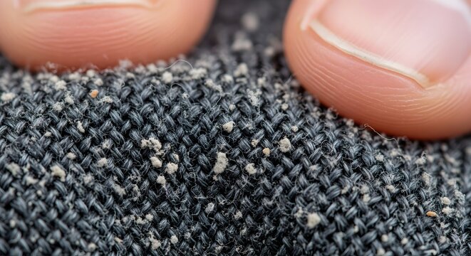 Close-up of fingers cleaning lint and dust from dark fabric surface
