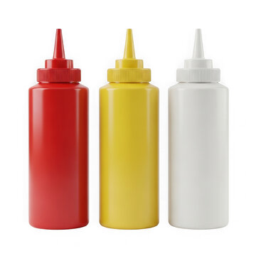 Three colored condiment bottles with squeeze caps displayed side by side transparent background