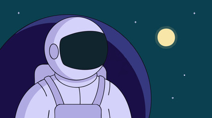 Cartoon astronaut in spacesuit gazing at moon and stars in dark space © Tahphoto