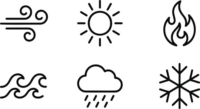 Nature Elements and Weather Climate Line Icon Set Featuring Wind Blowing Sun Heat Flame Fire Ocean Waves Rain Cloud and Snowflake Symbols