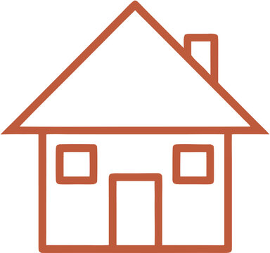 Simple red line drawing of a house with a roof and windows.