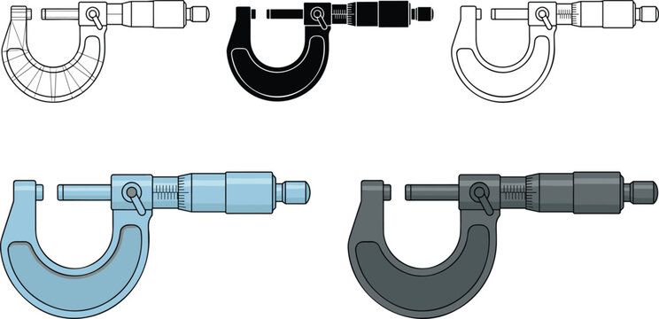 Outside Micrometer Vector Icon Set with Engineering Caliper Tools, Outline Sketches, Silhouette Symbols, and Precision Measurement Instruments