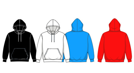 Four Colorful Hoodies: Black, White, Blue, and Red, Front and Back Views © Isun