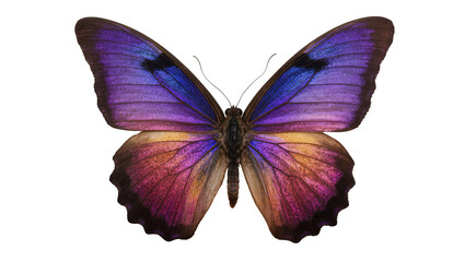 Vibrant blue and purple butterfly with orange and pink hues, isolated on transparent background © Evans