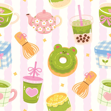 Kawaii Matcha Seamless Pattern Background