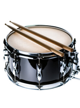 Black snare drum with wooden drumsticks, isolated on transparent background