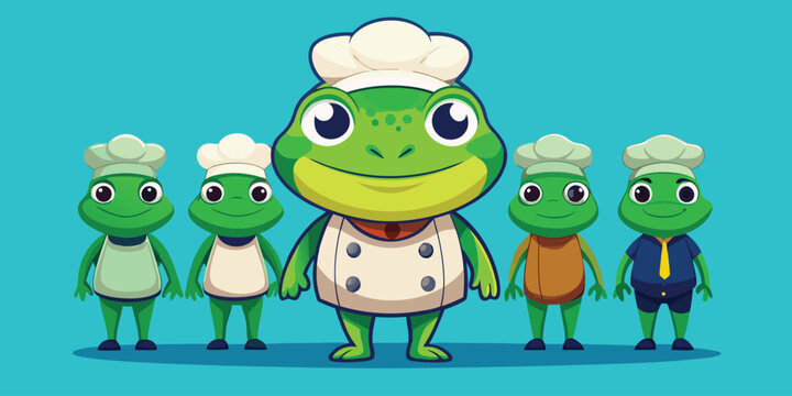 A group of cute cartoon frogs wearing chef hats standing together