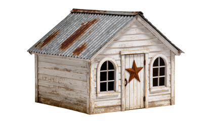 Rustic white wooden shed with corrugated tin roof and star, isolated on transparent background © Evans
