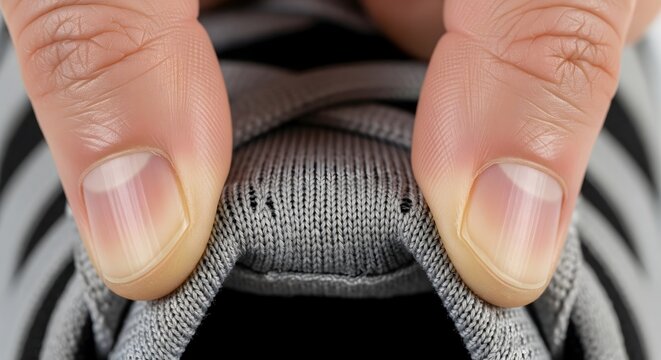 Close-up of fingers touching the gray fabric texture of a sports shoe