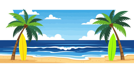 Obraz premium Tropical Beach Paradise: Palm Trees, Surfboards, Ocean Waves, Sunny Day