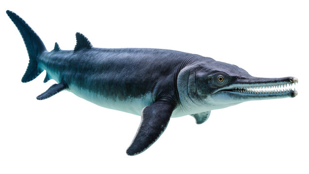 Ancient ichthyosaur marine reptile with long snout and sharp teeth, isolated on transparent background