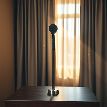 A silver microphone on a wooden table
