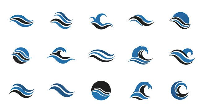 Set of Abstract Wave Icons, Blue and Black Sea Symbols, Ocean Water Design Elements