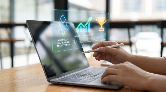 Predictive Analytics and Customer Lifetime Value CLV Forecast Concept: Data Scientist Hands with Holographic Line Chart Financial Growth and Retention Icons