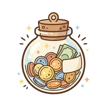 Savings jar with coins and banknotes illustration
