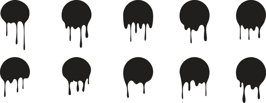 Abstract paint drip icon collection with grunge monochrome ink splashes and liquid dripping stain effects. Creative graffiti blot elements for urban branding, street art graphics and edgy design 
