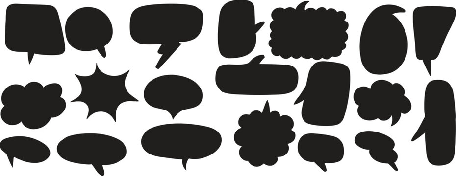 Minimal speech bubble silhouette collection with playful monochrome dialog shapes and bold communication symbols. Creative chat icon elements for messaging apps, social media branding and modern graph