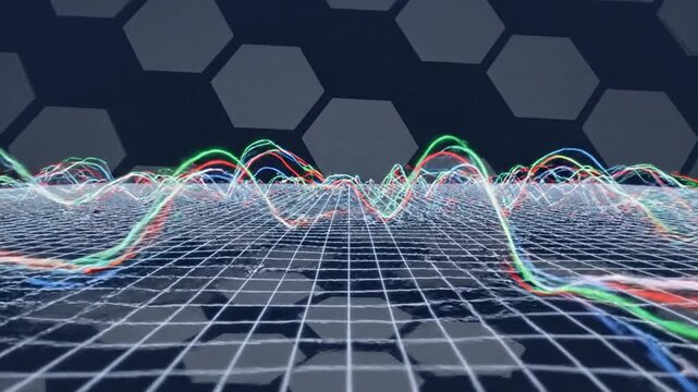 Vibrant multicolored waves propagate through a grid network against a hexagonal patterned background.