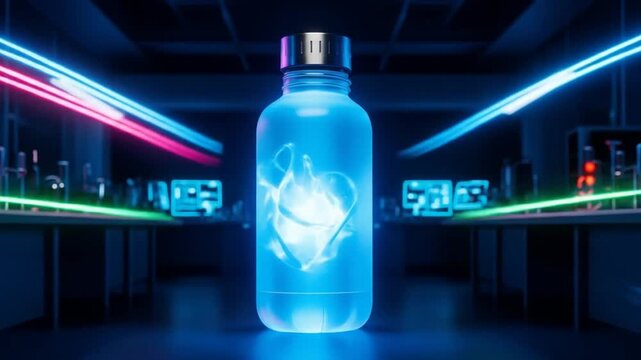 Glowing blue bottle sits in a neon-lit lab, emitting icy radiance from luminous liquid in glow now!!