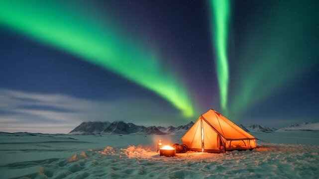 Aurora over a snowy camping glowing orange tent and fire flank rugged mountains under a starry sky