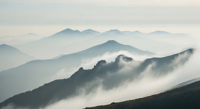 Mist Shrouded Mountain Ranges Under a Hazy Sky