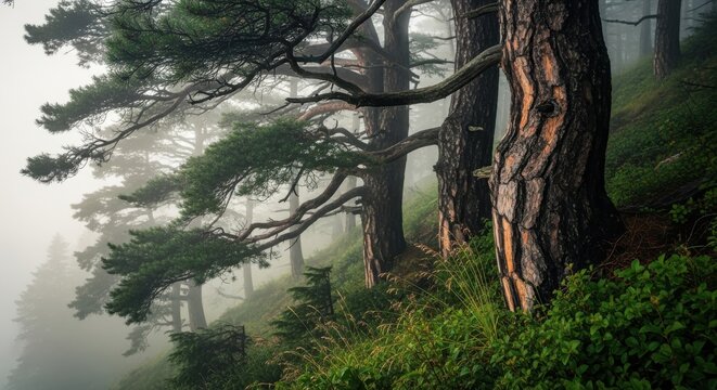 Misty Mountain Slopes With Ancient Pine Forest