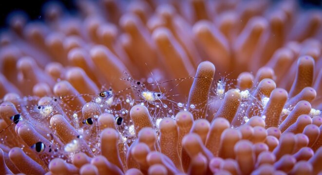 Tiny Glass Shrimp Nestled in Orange Anemone Tentacles