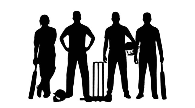 Black silhouettes of four cricket players with bats and luggage isolated on transparent background, Vector
