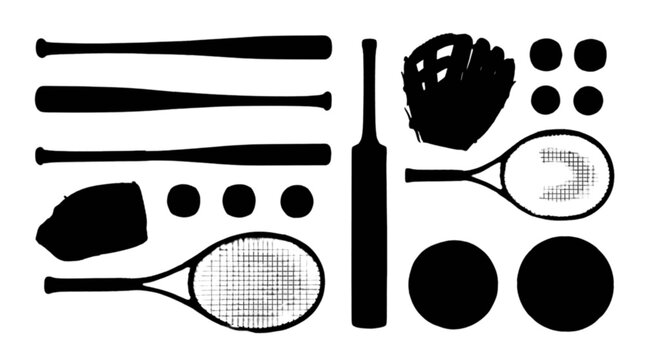 Black silhouettes of tennis rackets and balls isolated on transparent background, Vector