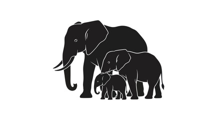Elephant Family Silhouette: Adult and Baby Elephants on White Background © jami