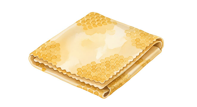 Watercolor illustration of a folded beeswax-coated organic cotton food wrap with a yellow honeycomb pattern, isolated on white background for sustainable kitchen storage concepts.