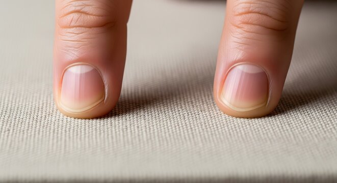Close-up of two human fingernails touching a textured fabric surface