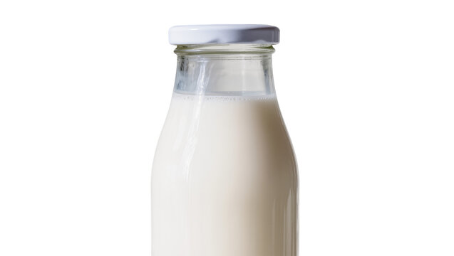 Glass milk bottle with white cap full of fresh milk, isolated on transparent background
